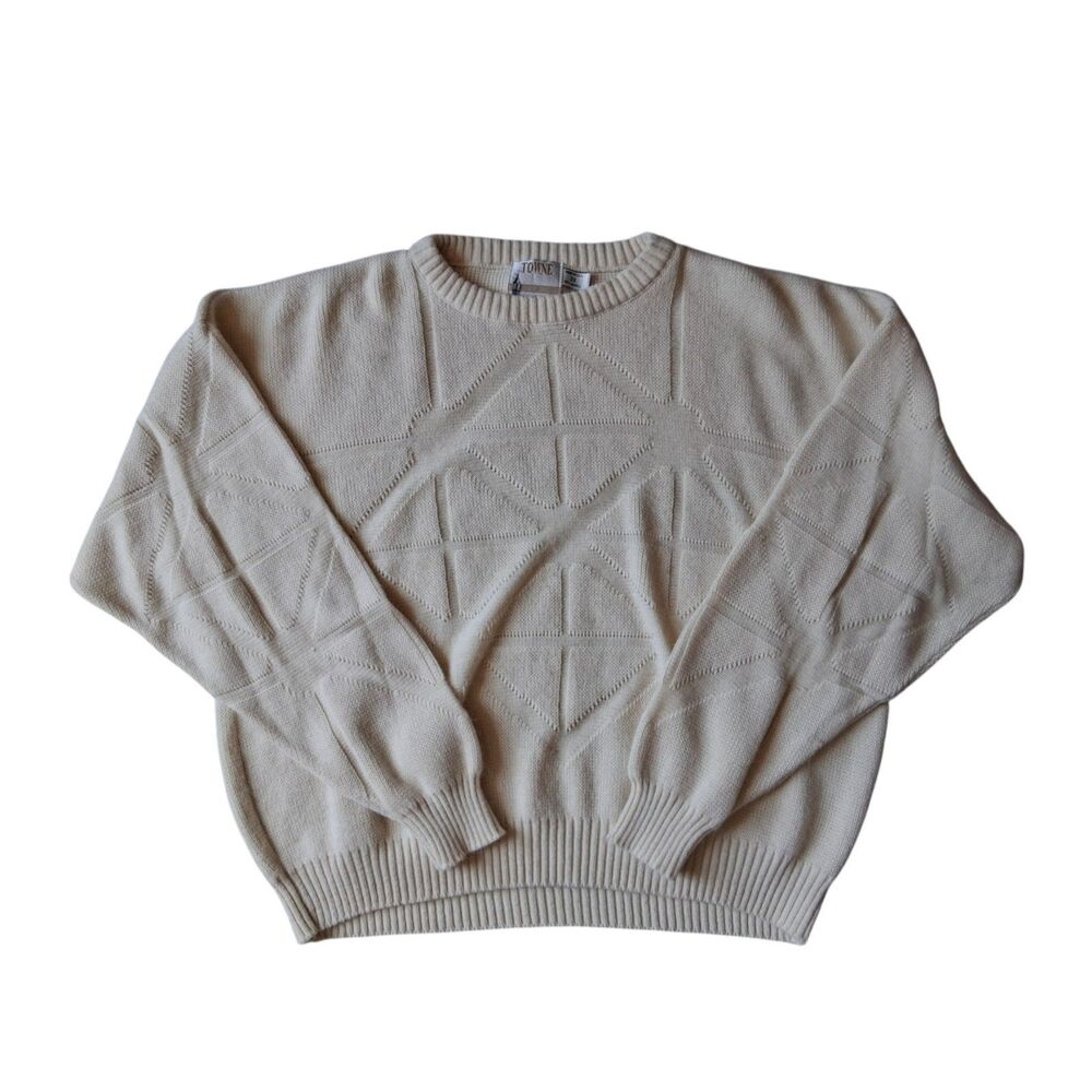 Towne by London Fog Off White Cream Geometric Knit Plus Size Pullover Sweater 2X